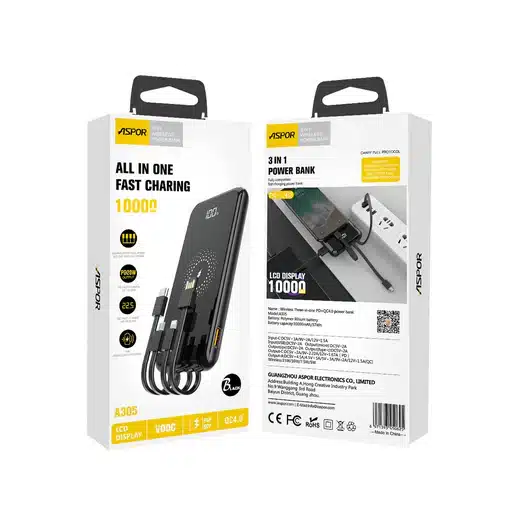 پاوربانک شارژ بی سیم 10000 میلی آمپری برند آسپور مدل  ASPOR A305