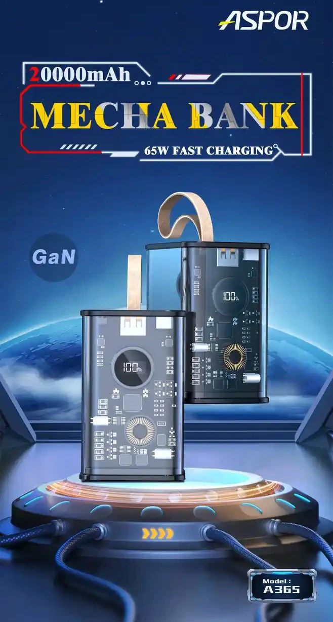 پاوربانک برند ASPOR ظرفیت 20000 میلی آمپر مدل A365