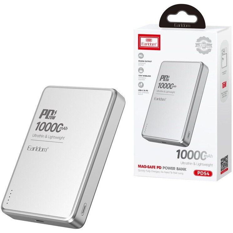 پاور بانک بی سیم فست شارژ ارلدام ET-PD54 PD 20W ظرفیت 10000 میلی آمپر ساعت
